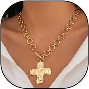 Chunky Necklace Hammered Cross Necklace for Women Big Cross Statement Necklaces